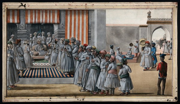 A darbar scene; the Nawab (?) sits on the chair listening to a man, while on the right, another man walks through the gateway towards the darbar. Gouache painting by an Indian painter.