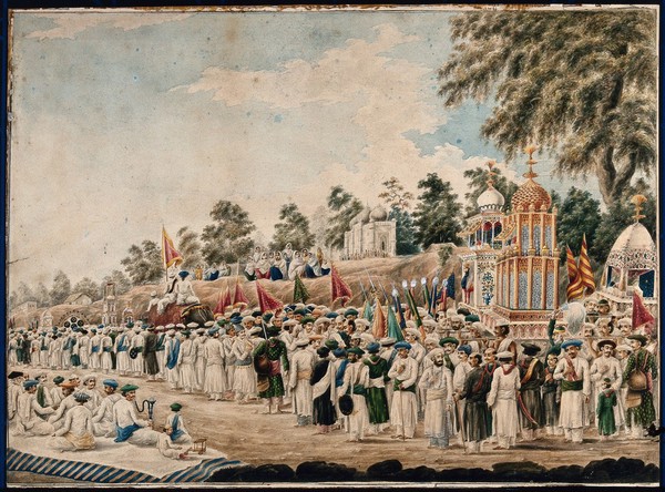 Festival of Muḥarram: a procession of people commemorating the death of Husain, the Prophet's grandson. Gouache painting by an Indian painter.