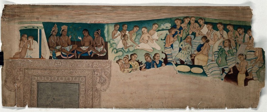 Cave paintings; a group of female musicians and dancers and Buddhist monks (?) of Indo-African origin. Gouache painting by an Indian painter.