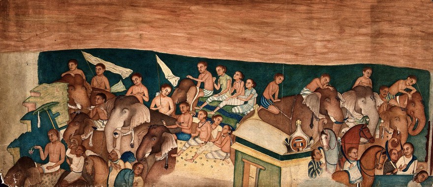 Cave paintings; a group of Indo African men and women riding on elephants and horses. Gouache painting by an Indian painter.