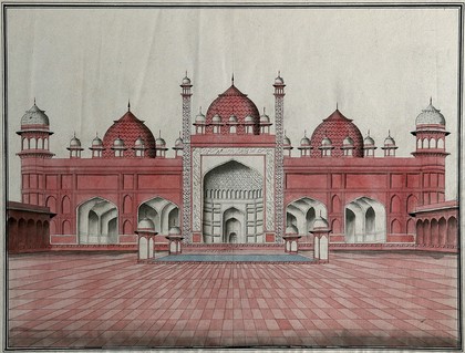 Agra, Jumma Masjid. Watercolour drawing by an Indian artist.