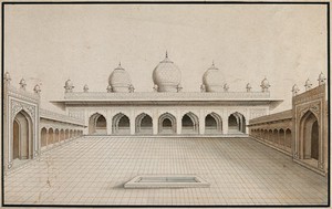 view Agra Fort: Moti Masjid, view of the courtyard. Watercolour drawing by an Indian artist.