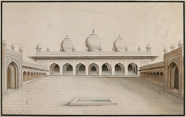 Agra Fort: Moti Masjid, view of the courtyard. Watercolour drawing by an Indian artist.