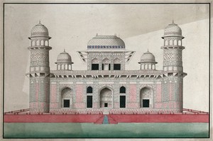 view Agra: marble mausoleum of I'timad al Daula, decorated with mosaic and marble inlay work. Gouache painting by an Indian painter.