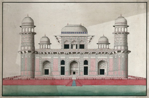 Agra: marble mausoleum of I'timad al Daula, decorated with mosaic and marble inlay work. Gouache painting by an Indian painter.