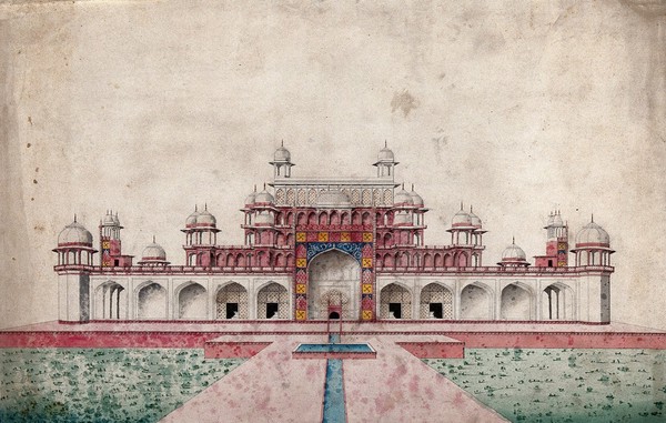 Sikandra, near Agra, Uttar Pradesh: mausoleum of the Emperor Akbar. Gouache painting by an Indian painter.