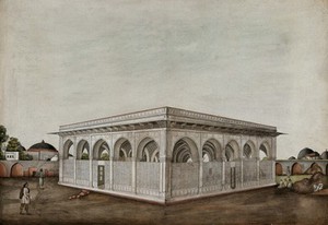 view Men sitting and standing outside a Mughal mausoleum. Gouache painting by an Indian painter.