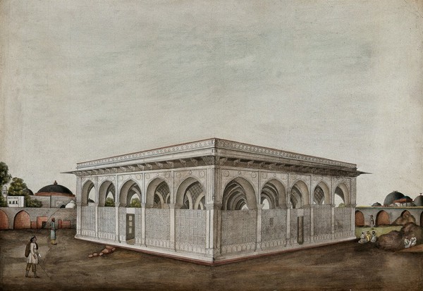 Men sitting and standing outside a Mughal mausoleum. Gouache painting by an Indian painter.