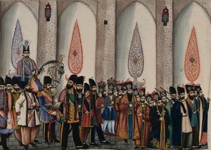 view The king of Persia sitting on a horse with his entourage of officers, bodyguards, footmen and executioners around him. Gouache painting by an Persian artist.