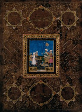 Mughal Emperor Shah Jahan (?) on a throne, with a man held by two soldiers standing before him. Gouache painting by an Indian painter.