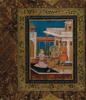 A man kneeling in front of the Mughal Emperor Akbar (?) with an attendant holding a fly whisk standing behind him. Gouache painting by an Indian painter.