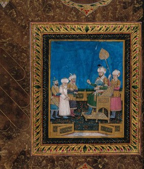 Mughal Emperor Shah Jahan (?) on a throne, with a man held by two soldiers standing before him. Gouache painting by an Indian painter.