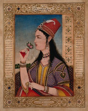 view A European (?) woman wearing Mughal costume and jewellery. Gouache painting by an Indian painter.