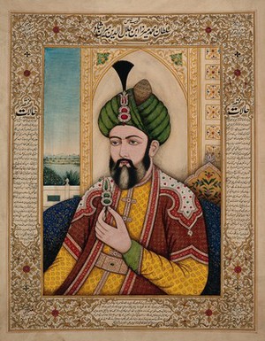 view A Mughal Emperor or member of a royal family holding a turban ornament. Gouache painting by an Indian painter.