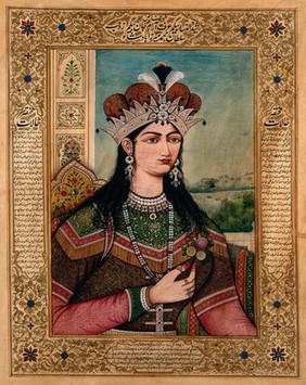 A Mughal empress or member of a royal family wearing an elaborate crown and holding a flower. Gouache painting by an Indian painter.