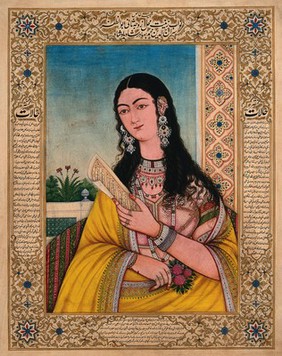 A western (?) woman in a Indian dress holding a sheet of paper. Gouache painting by an Indian painter.