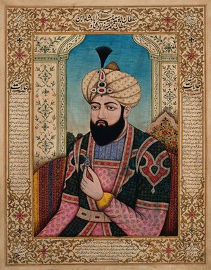 view A member of the Mughal royal family holding a turban ornament. Gouache painting by an Indian painter.