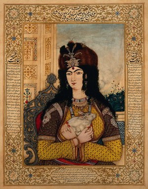 view Badshah Humayun's Begum holding a rabbit. Gouache painting by an Indian painter.