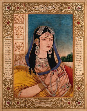 view A Mughal empress or member of a royal family holding a necklace. Gouache painting by an Indian painter.