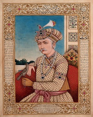 view A Mughal emperor or member of a royal family, with a falcon (?) pirched on his hand. Gouache painting by an Indian painter.