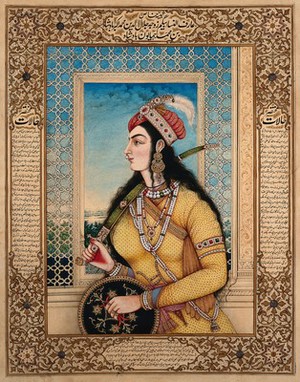 view Badshah of Jalundur's begum holding a sword and a shield. Gouache painting by an Indian painter.