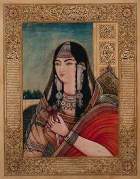 A Mughal empress or member of a royal family wearing very long earrings and holding a flower. Gouache painting by an Indian painter.