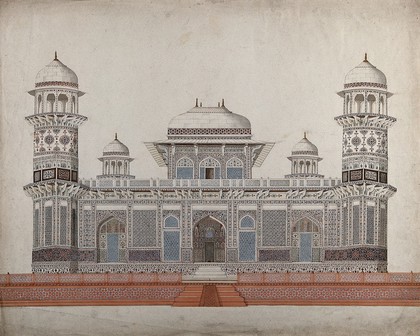 Agra: Mausoleum of Itmad-ud-Daula's, decorated with pietra dura in an amazing variety of geometrical arabesque. Gouache painting by an Indian painter.