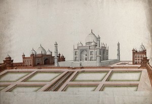 view Agra: View of the Taj Mahal and the two red sand stone buildings on either side. Gouache painting by an Indian painter.