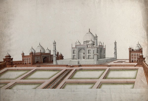 Agra: View of the Taj Mahal and the two red sand stone buildings on either side. Gouache painting by an Indian painter.