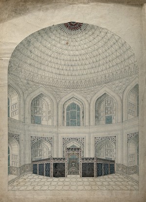 view Agra: the Taj Mahal, interior view of the vaulted dome over the tombs of Shah Jahan and Mumtaz. Gouache painting by an Indian painter.