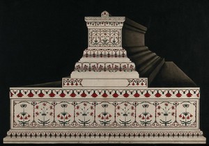 view Agra: Taj Mahal, detail of the inlay work on the tomb. Gouache painting by an Indian artist.