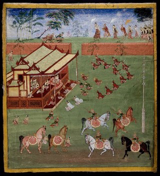 People kneeling in front of a high ranking person sitting inside a building, while below, others shoot arrows to a target post. Gouache painting by an Indic artist.