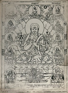 Dalai Lama (?) sitting on a lotus with the Buddha just above him and ten other Buddhist figures surrounding him. Lithograph.