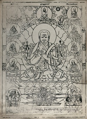 view Dalai Lama (?) sitting on a lotus with the Buddha just above him and ten other Buddhist figures surrounding him. Lithograph.