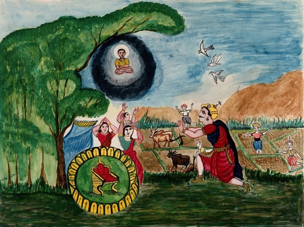 A mythological scene: a man kneels with folded hands as he sees a vision of a boy with a halo around his head, as other people look on in amazement. Gouache painting by an Indic artist.