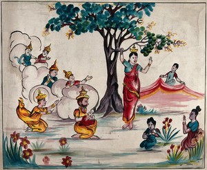 view The birth of the Buddha (?): Queen Maya holds on to the branch of a tree while giving birth to the Buddha, who is received by god Indra as other gods look on. Gouache painting by an Sri Lankan artist.