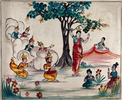 The birth of the Buddha (?): Queen Maya holds on to the branch of a tree while giving birth to the Buddha, who is received by god Indra as other gods look on. Gouache painting by an Sri Lankan artist.
