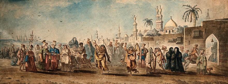 Women dancing in a busy street in a North African (?) country. Watercolours by an European artist.