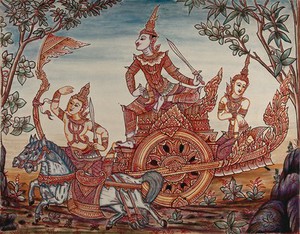 view A scene from Ramakian or Ramayan, the Indian epic: Rama riding on top of a chariot holding a sword, along with Lakshman and Sita (?). Gouache painting by a Thai artist.