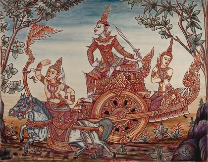 A scene from Ramakian or Ramayan, the Indian epic: Rama riding on top of a chariot holding a sword, along with Lakshman and Sita (?). Gouache painting by a Thai artist.