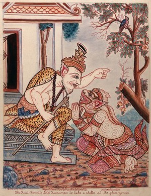 view A scene from the Ramayana: the hermit telling Hanuman to take shelter. Gouache painting by a Thai artist.
