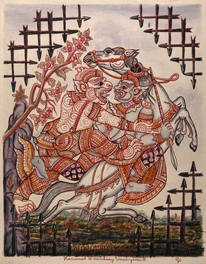 view A scene from the Ramayana: Hanuman catching Virunyananti (?). Gouache painting by a Thai artist.