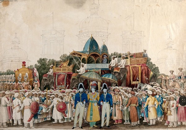 Durbar of the Badshah of Oudh: three Europeans standing in front of a large crowd of people waiting to greet the king of Oudh. Gouache painting by an Indian artist.