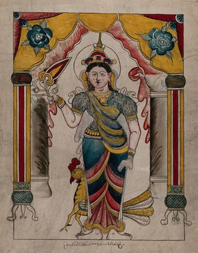 A goddess standing in front of a bird, holding a flower . Gouache painting by an Indic artist.