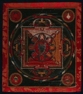 Tibetan mandala. Gouache painting by a Tibetan artist.