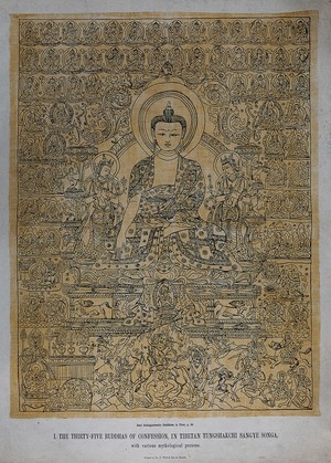 view The thirty-five Buddhas of confession, in Tibetan Tungshakchi Sangye Songa, with various mythological persons. Chromolithograph.