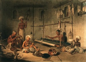 view Four boys and an old man working on the loom. Coloured stipple engraving by P.W. Tomkins after A.W. Devis.