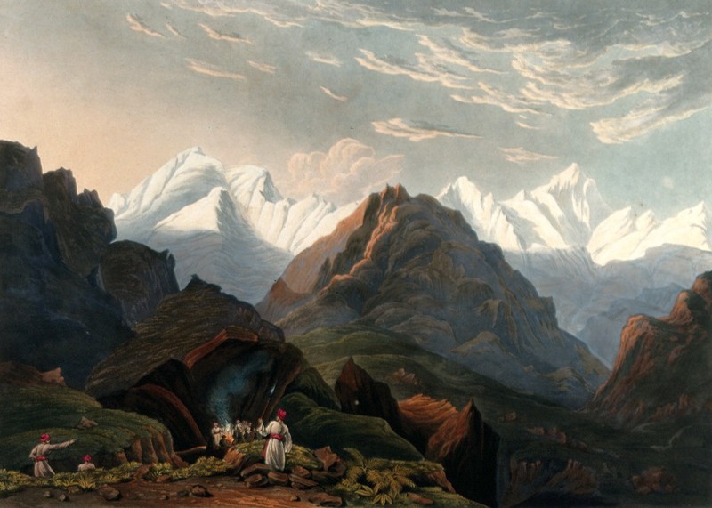 View of the mountains; a man pointing to the far distance as others sit around a fire. Aquatint., March 1, 1820, by James Baillie Fraser