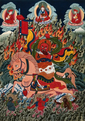 Tse Mara (?), a form of Dharmapala (protector of teachings), guardian of the Samye Monastery. Gouache painting by a Tibetan artist.