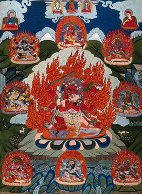 Mahakala with his Shakti. Gouache painting by a Tibetan artist.